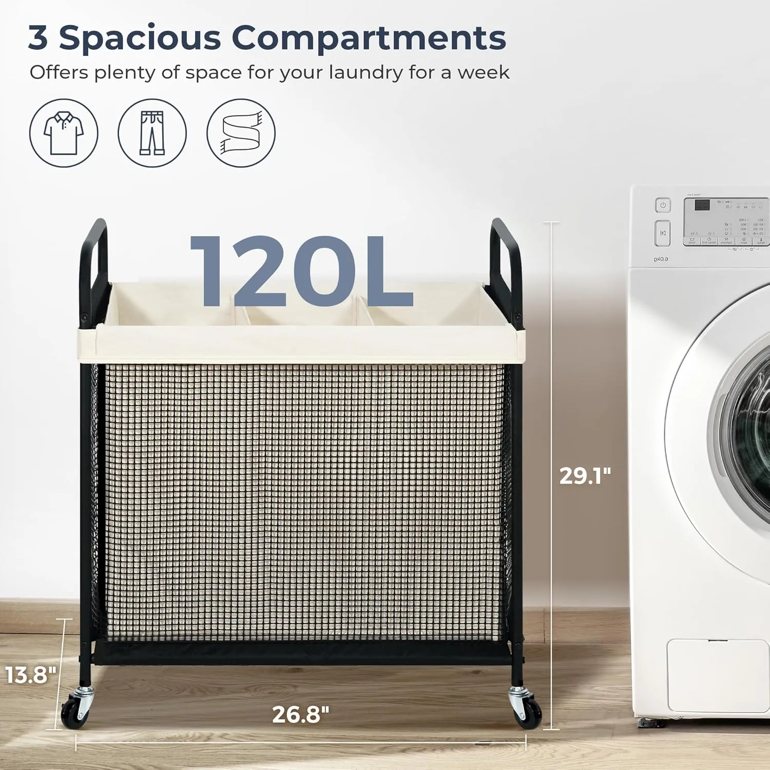 STO STO Laundry Hamper 3 Section, 120L Rolling Laundry Sorter Cart with Removable and Washable Liner Bag, Rolling Clothes Hamper with Metal Handle for Laundry Room and Bedroom