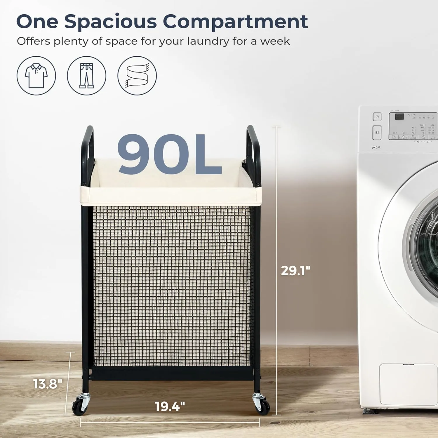 STO STO Laundry Hamper, 90L Rolling Laundry Sorter Cart with Removable and Washable Liner Bag, Rolling Clothes Hamper with Metal Handle for Laundry Room and Bedroom