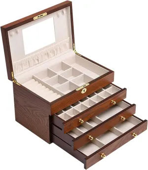 Storage Box Jewelry Organizer Women's Large Jewelry Box Mirrored Watch Organizer Necklace Ring Earring Storage Lockable Gift Case Wooden Jewelry Box Jewelry Box