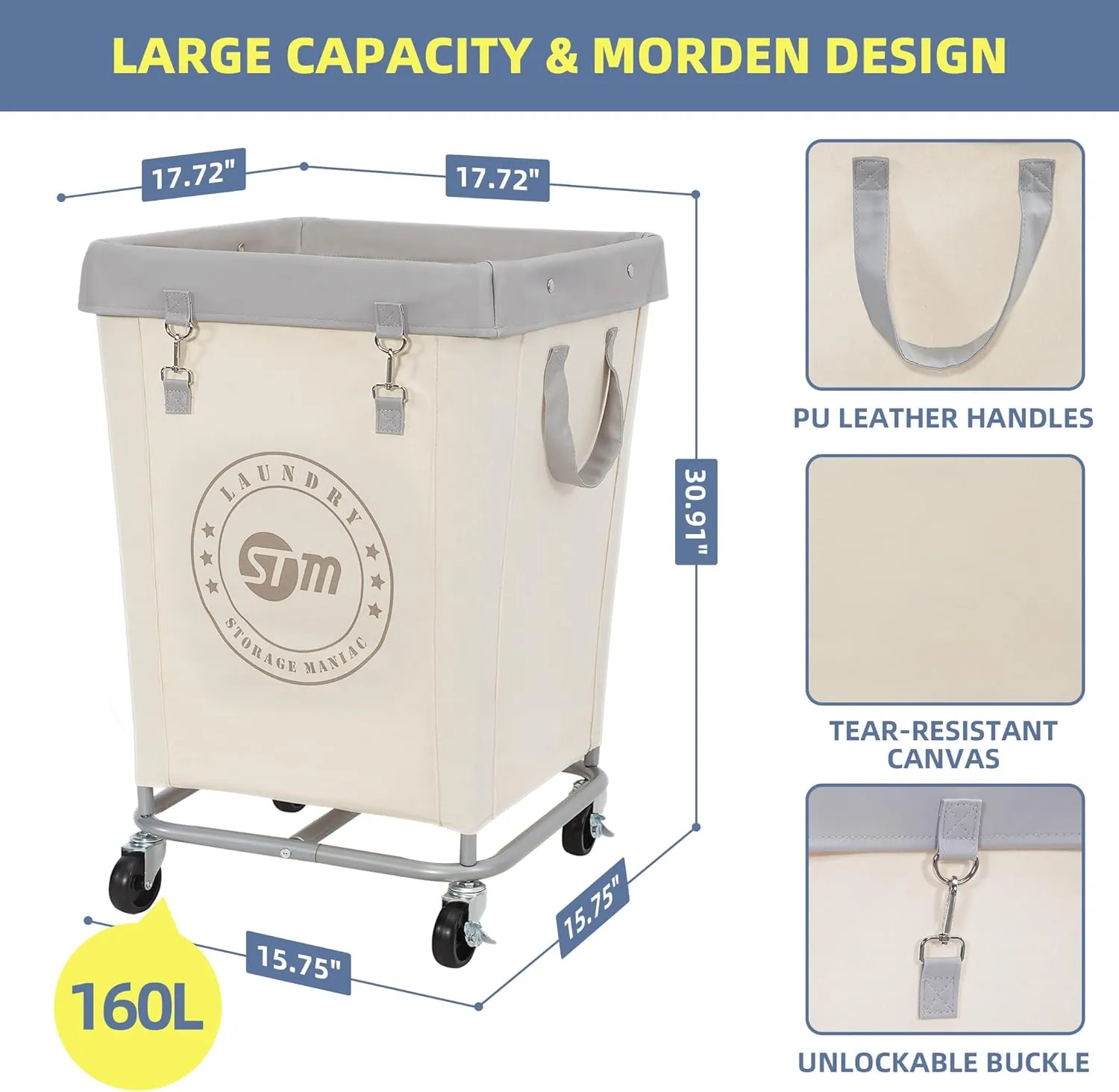 STORAGE MANIAC Commercial Laundry Hamper with Heavy Duty Steel Frame, 160 L Industrial Laundry Basket Cart with Wheels for Hotel, Home, Laundry Room, 17.72''L x 17.72''W x 30.91''H, Medium Beige