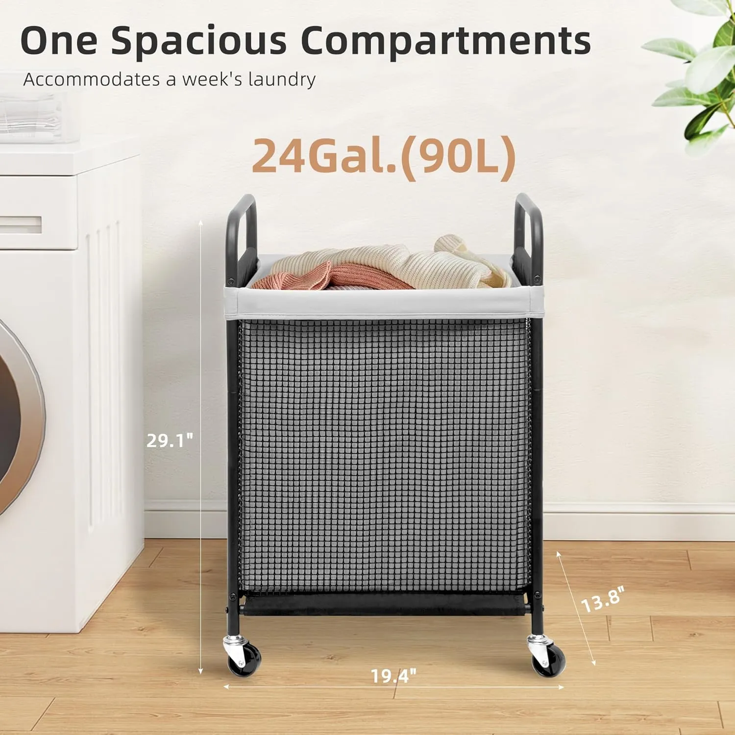 STORAGE MANIAC Rolling Laundry Hamper with Wheels 1-Section Laundry Sorter Rolling Laundrys Basket on Wheels with Removable Bag Clothes Hamper Laundrys Organizer Cart Bathroom Bedroom 90L Grey