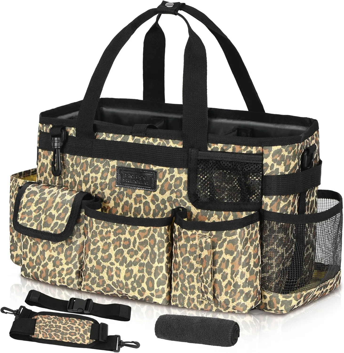Storage Standard Cleaning Caddy Organizer with Handle - Large Cleaning Caddy Supplies Bag with Shoulder & Waist Strap - Cleaning Supplies Organizer with Cleaning Cloth - Leopard