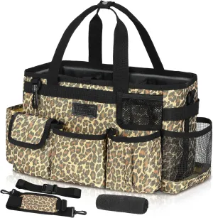 Storage Standard Cleaning Caddy Organizer with Handle - Large Cleaning Caddy Supplies Bag with Shoulder & Waist Strap - Cleaning Supplies Organizer with Cleaning Cloth - Leopard