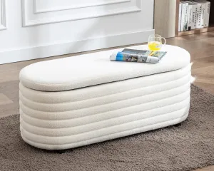 Storage Teddy Ottoman Bench Upholstered Fabric Storage Bench End of Bed Stool with Safety Hinge for Bedroom, Living Room, Entryway, Closet(44.5", White)