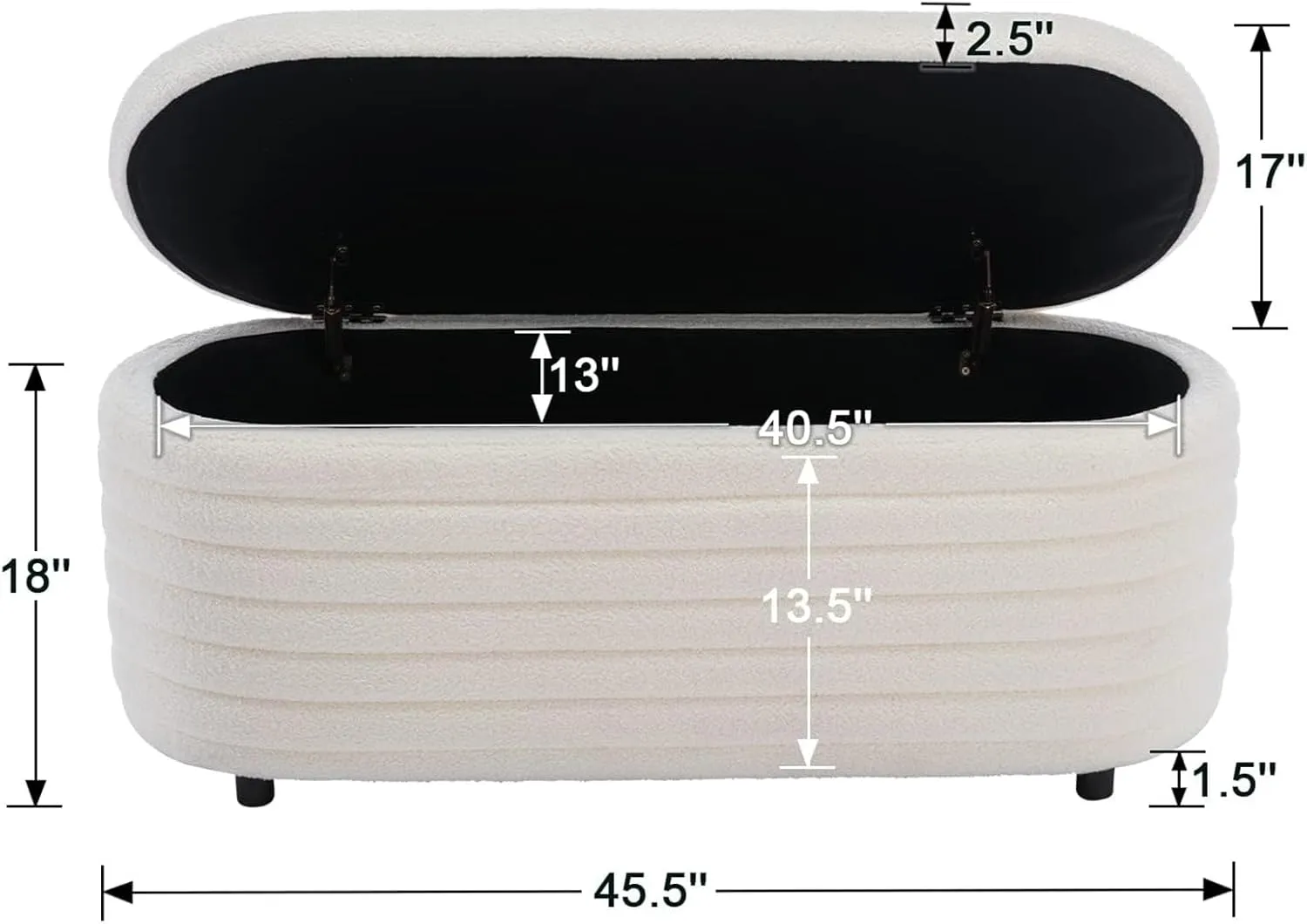 Storage Teddy Ottoman Bench Upholstered Fabric Storage Bench End of Bed Stool with Safety Hinge for Bedroom, Living Room, Entryway, Closet(44.5", White)