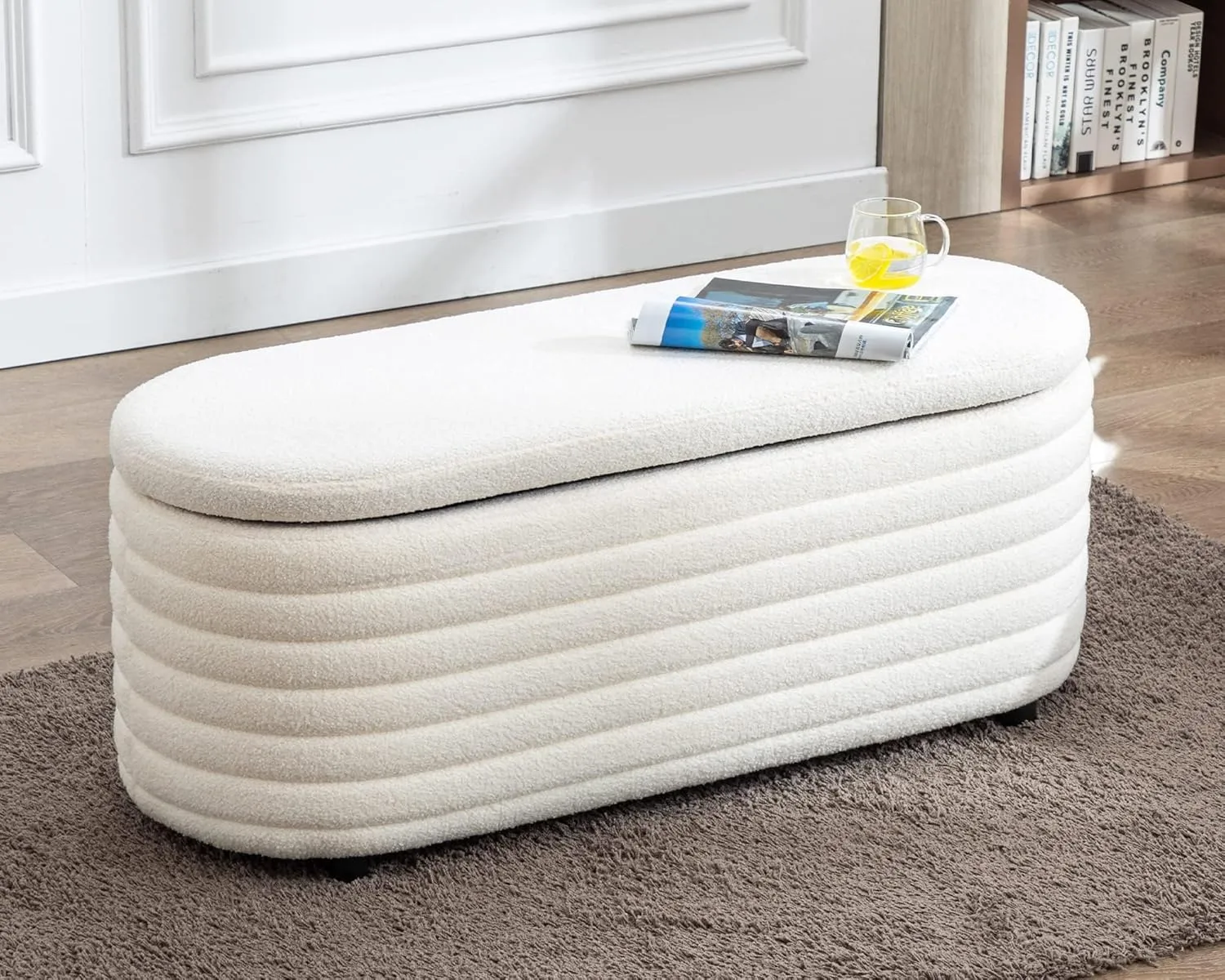 Storage Teddy Ottoman Bench Upholstered Fabric Storage Bench End of Bed Stool with Safety Hinge for Bedroom, Living Room, Entryway, Closet(44.5", White)
