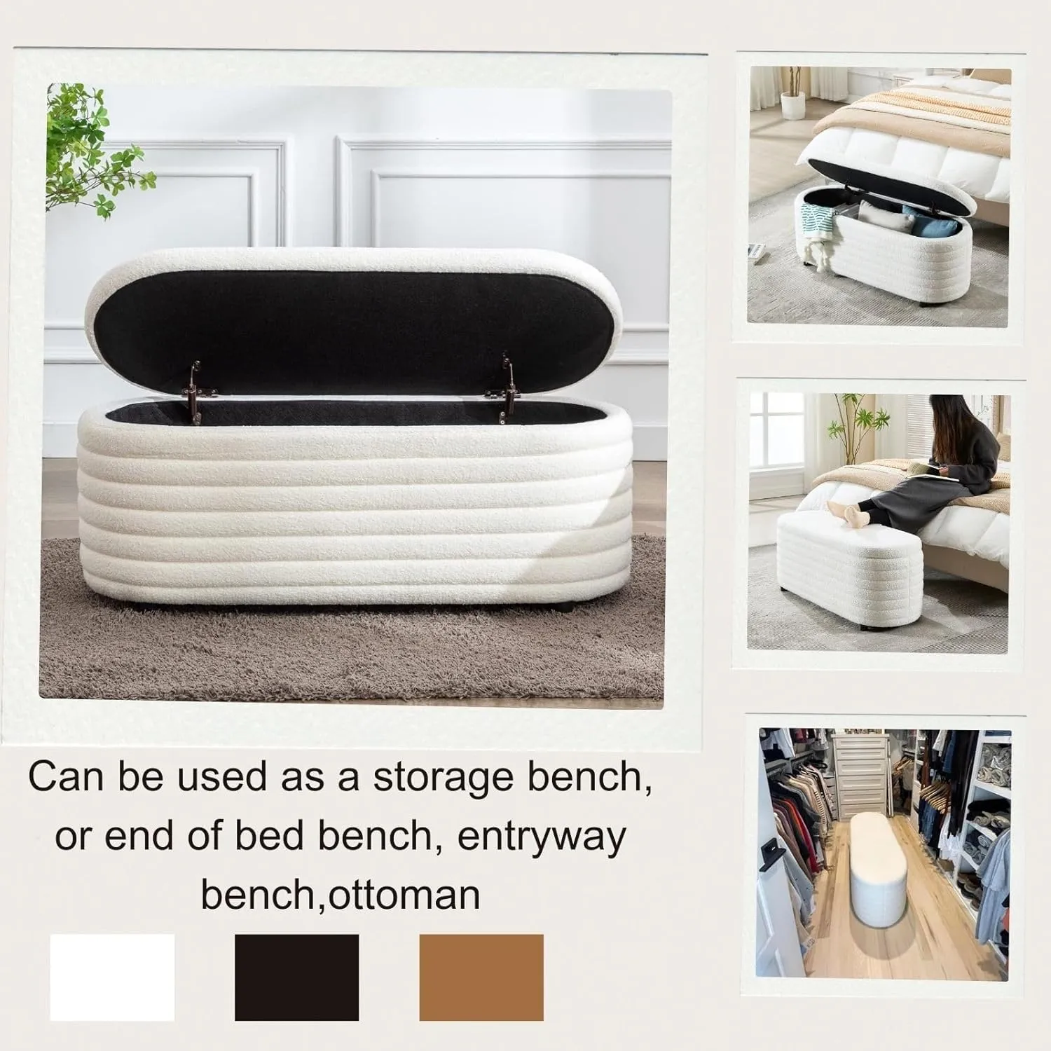 Storage Teddy Ottoman Bench Upholstered Fabric Storage Bench End of Bed Stool with Safety Hinge for Bedroom, Living Room, Entryway, Closet(44.5", White)