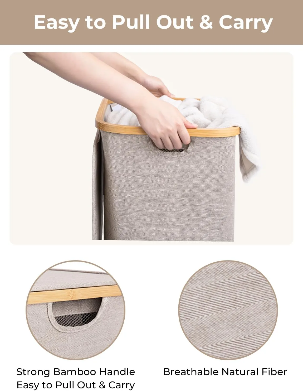 StorageWorks 100L Large Laundry Hamper with Lid, Tall Clothes Basket with Bamboo Handles and 2 Removable Inner Bag, Collapsible Hampers for Clothing, Toys, Towels, Brown and Beige, 1-Pack