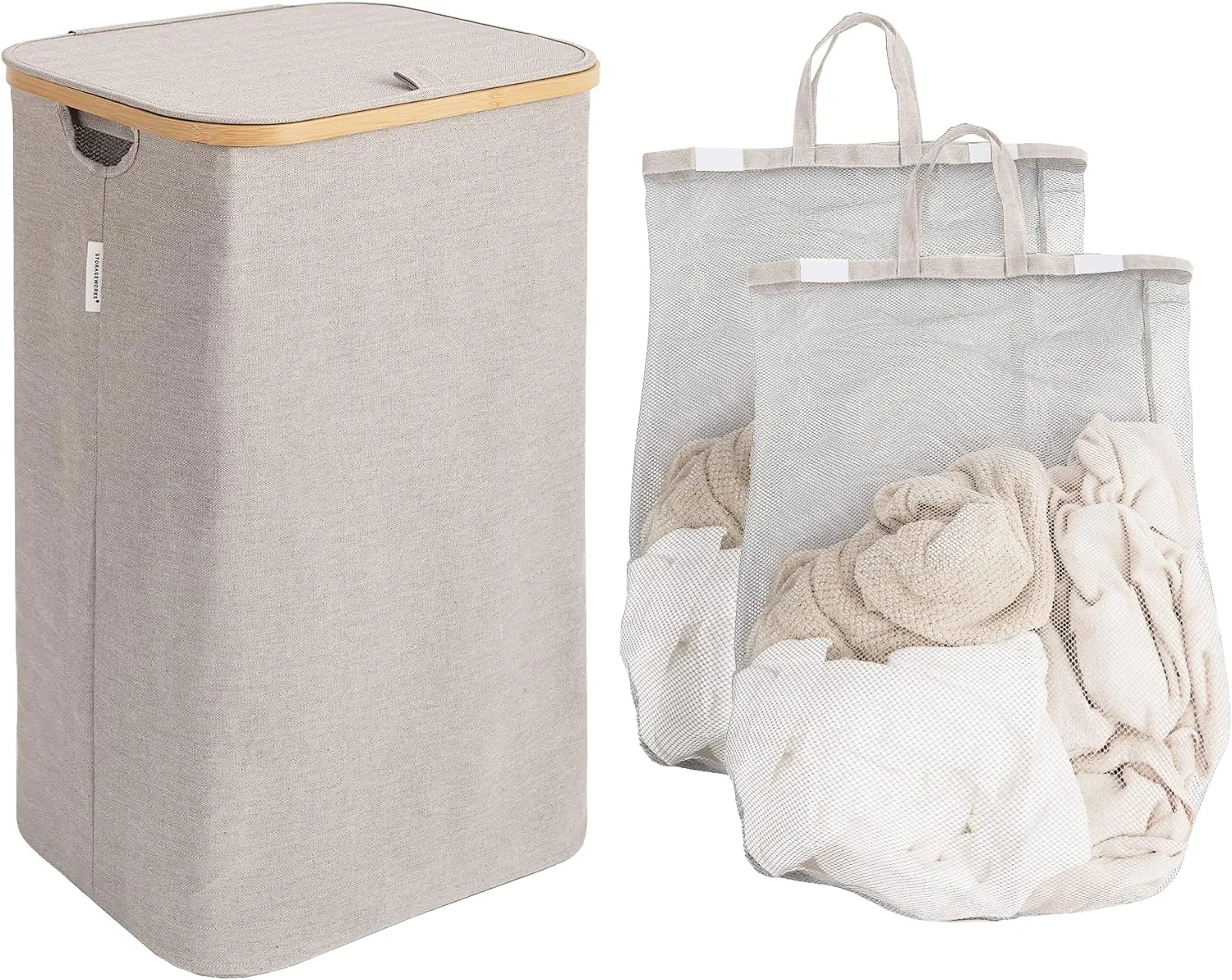 StorageWorks 100L Large Laundry Hamper with Lid, Tall Clothes Basket with Bamboo Handles and 2 Removable Inner Bag, Collapsible Hampers for Clothing, Toys, Towels, Brown and Beige, 1-Pack