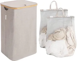 StorageWorks 100L Large Laundry Hamper with Lid, Tall Clothes Basket with Bamboo Handles and 2 Removable Inner Bag, Collapsible Hampers for Clothing, Toys, Towels, Brown and Beige, 1-Pack