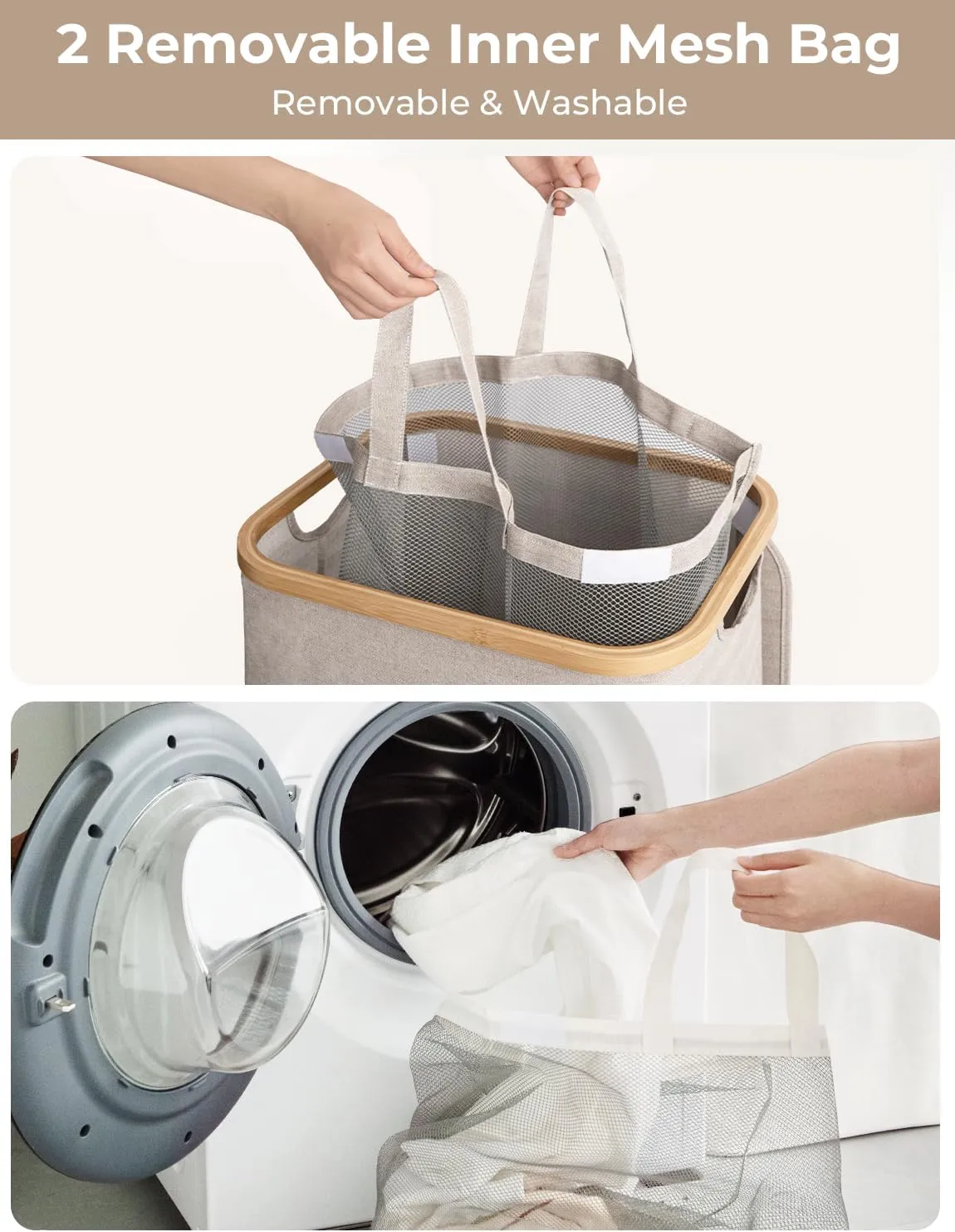 StorageWorks 100L Large Laundry Hamper with Lid, Tall Clothes Basket with Bamboo Handles and 2 Removable Inner Bag, Collapsible Hampers for Clothing, Toys, Towels, Brown and Beige, 1-Pack