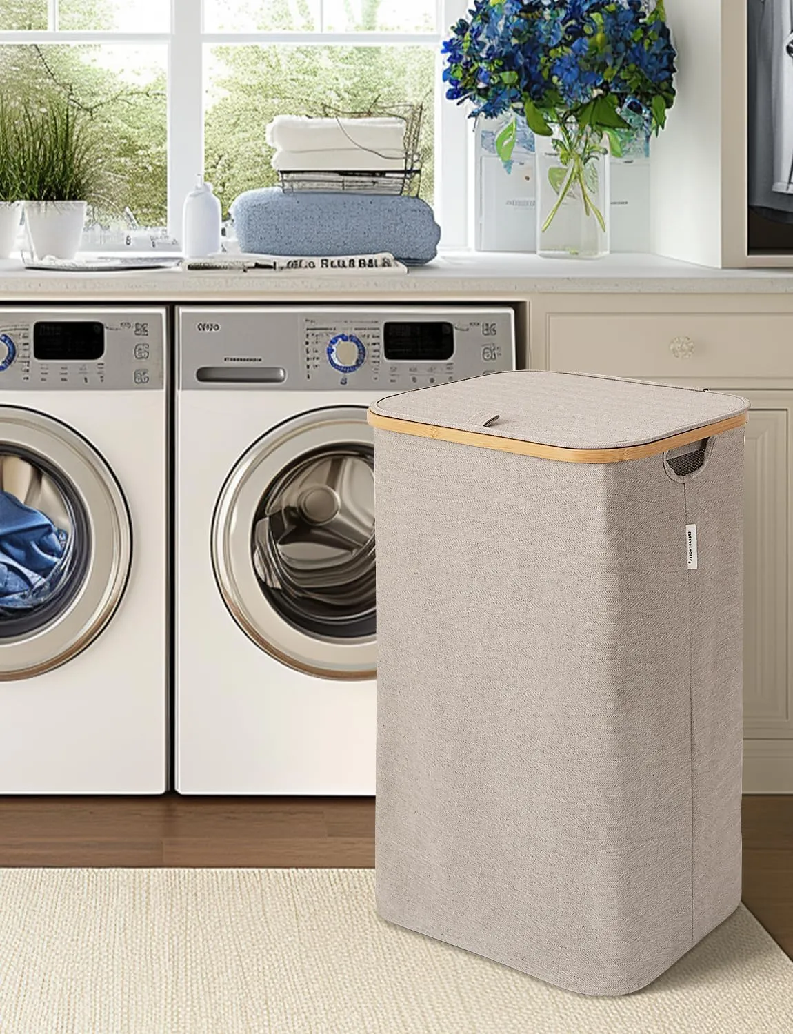 StorageWorks 100L Large Laundry Hamper with Lid, Tall Clothes Basket with Bamboo Handles and 2 Removable Inner Bag, Collapsible Hampers for Clothing, Toys, Towels, Brown and Beige, 1-Pack