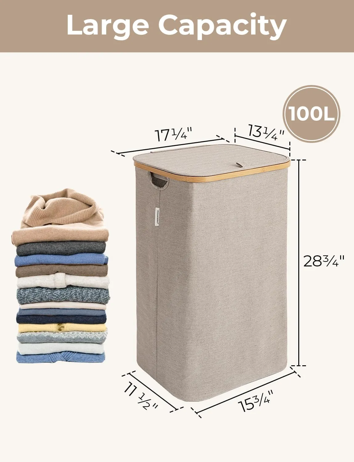 StorageWorks 100L Large Laundry Hamper with Lid, Tall Clothes Basket with Bamboo Handles and 2 Removable Inner Bag, Collapsible Hampers for Clothing, Toys, Towels, Brown and Beige, 1-Pack