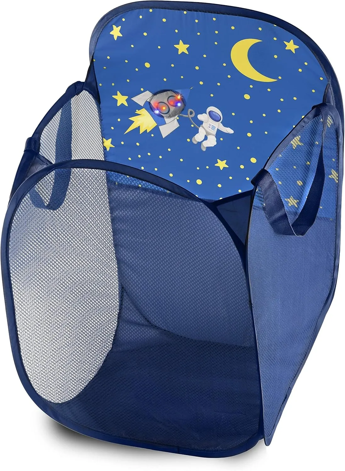 Store & Score Kids Fun LED Space Ship Light-Up Mesh Pop-up Hamper, Collapsible Space Saving and Easy to Store, Reinforced Heavy Duty Side Carry Handles