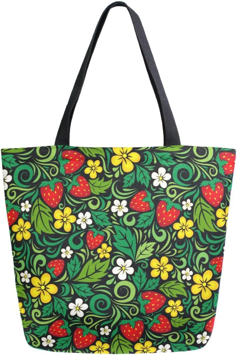 Strawberry Traditional Russian Canvas Tote Bag Spring Summer Leaves Women Shoulder Bag Reusable Grocery Bags Large Handbag Travel Shopping Bag for School Nursing Gift Outdoors