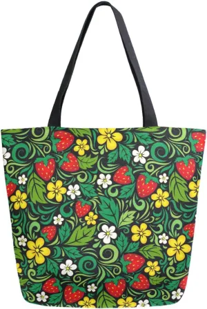 Strawberry Traditional Russian Canvas Tote Bag Spring Summer Leaves Women Shoulder Bag Reusable Grocery Bags Large Handbag Travel Shopping Bag for School Nursing Gift Outdoors
