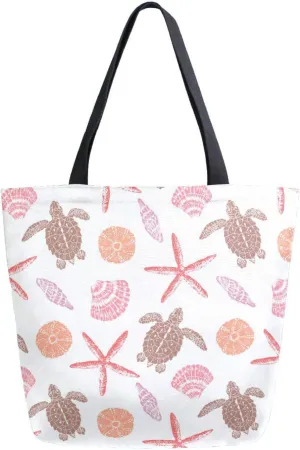 Summer Starfish Turtle Canvas Tote Bag Sea Inhabits Women Shoulder Bag Reusable Grocery Bags Large Handbag Travel Shopping Bag for School Nursing Gift Outdoors