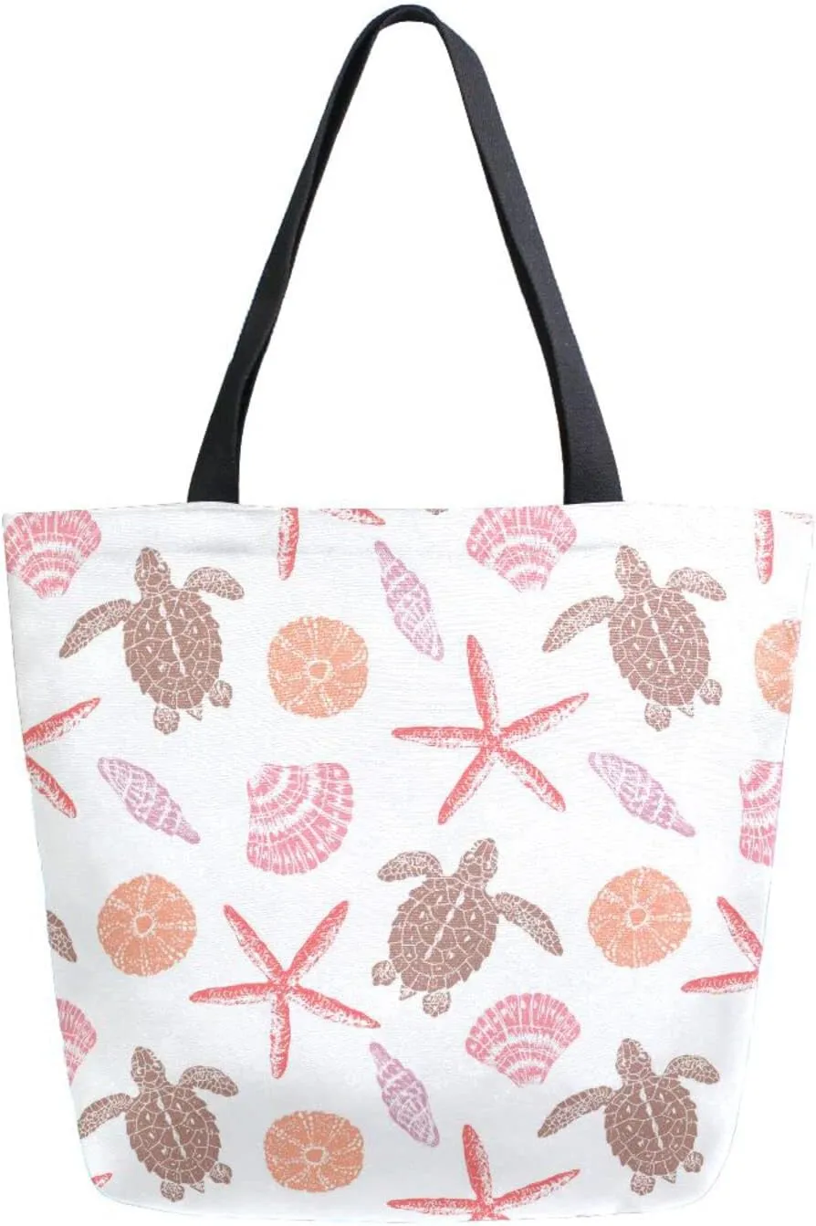 Summer Starfish Turtle Canvas Tote Bag Sea Inhabits Women Shoulder Bag Reusable Grocery Bags Large Handbag Travel Shopping Bag for School Nursing Gift Outdoors