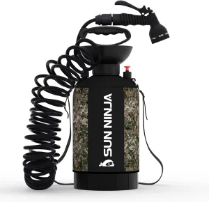 SUN NINJA Portable Shower 5L, Camping Shower with 7 Mode Shower Head, Neoprene Cover Help Keeps Water Warm, High Pressure Hose, Easy to Carry, Camo