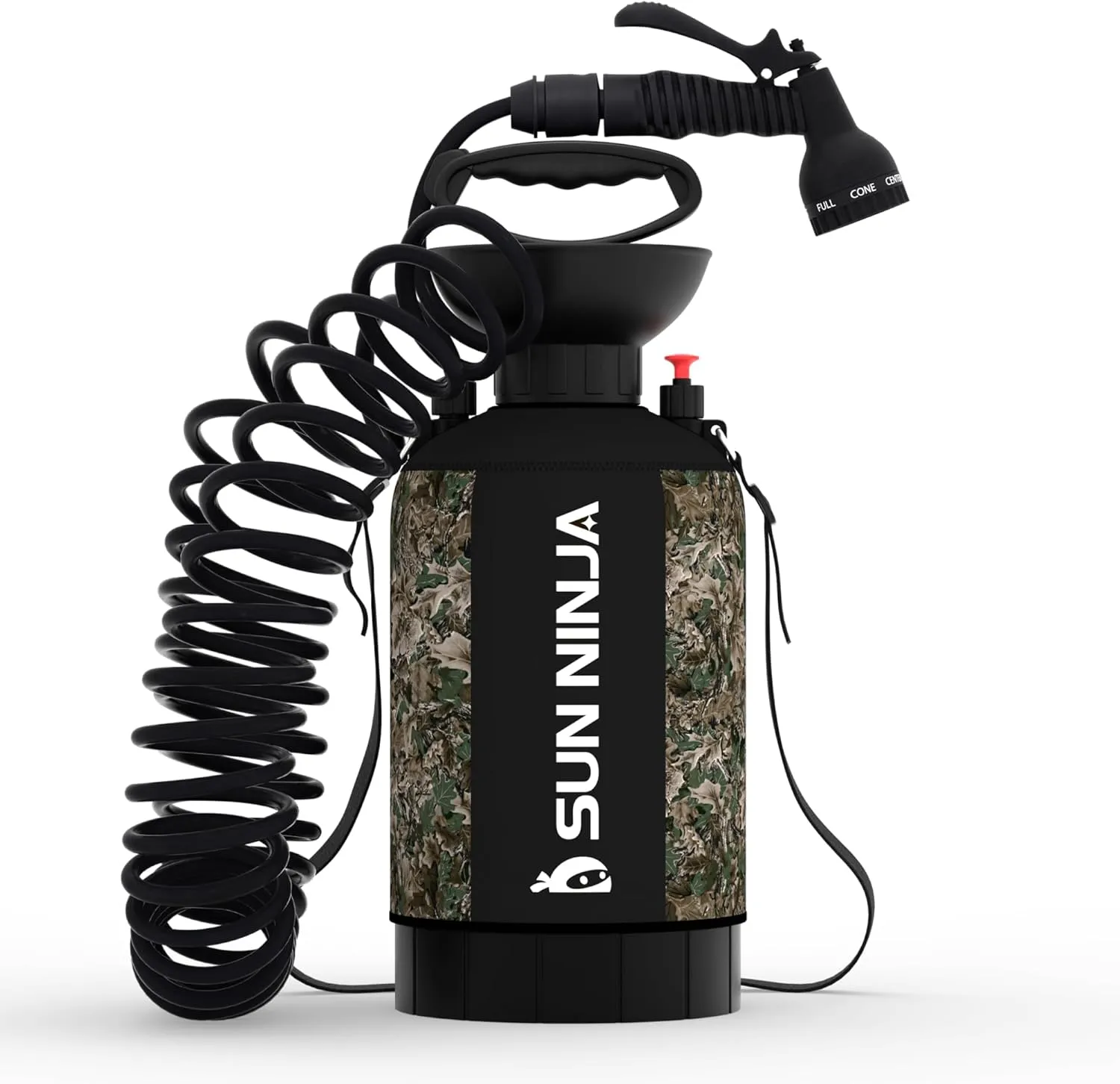 SUN NINJA Portable Shower 5L, Camping Shower with 7 Mode Shower Head, Neoprene Cover Help Keeps Water Warm, High Pressure Hose, Easy to Carry, Camo