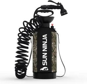 SUN NINJA Portable Shower 8L, Camping Shower with 7 Mode Shower Head, Neoprene Cover Help Keeps Water Warm, High Pressure Hose, Easy to Carry, Camo
