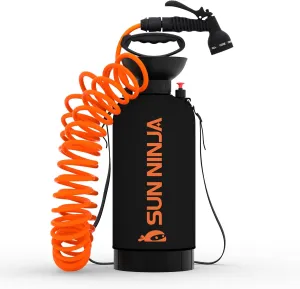 SUN NINJA Portable Shower 8L, Camping Shower with 7 Mode Shower Head, Neoprene Cover Helps Keep Water Warm, High Pressure Hose, Easy to Carry, Black and Orange