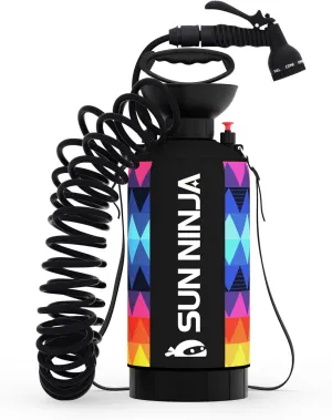 SUN NINJA Portable Shower 8L, Camping Shower with 7 Mode Shower Head, Neoprene Cover Helps Keep Water Warm, High Pressure Hose, Easy to Carry, Multi-Color