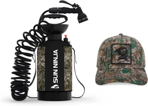 SUN NINJA Portable Shower Bundle with Trucker Hat, 5L Pressurized Outdoor Shower with 7-Mode Spray, Neoprene Cover for Warmer Water, Breathable Mesh Sun Protection, Easy to Carry