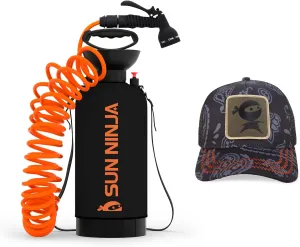 SUN NINJA Portable Shower Bundle with Trucker Hat, 8L Pressurized Outdoor Shower with 7-Mode Spray, Neoprene Cover for Warmer Water, Breathable Mesh Sun Protection, Easy to Carry