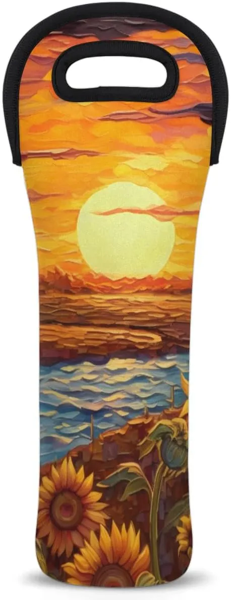 Sunset Sunflower Wine Carrier Tote Bag Insulated Neoprene Wine Bag Tote Single Bottle Protective Travel Bag Beer Wine Cooler Bag with Secure Carry Handle 750 ml Wine Gifts for Women Men