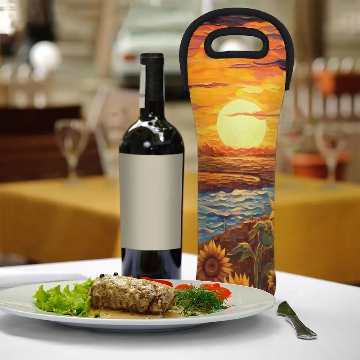 Sunset Sunflower Wine Carrier Tote Bag Insulated Neoprene Wine Bag Tote Single Bottle Protective Travel Bag Beer Wine Cooler Bag with Secure Carry Handle 750 ml Wine Gifts for Women Men