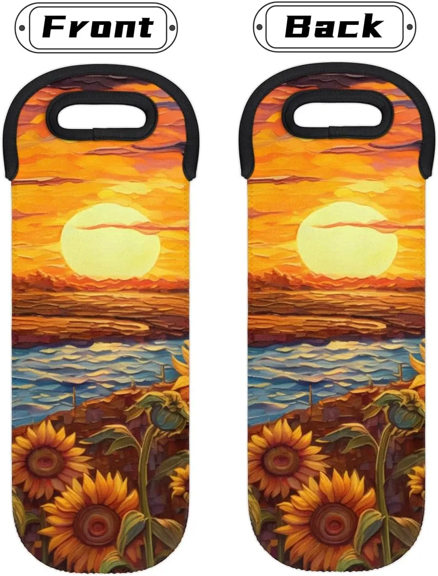 Sunset Sunflower Wine Carrier Tote Bag Insulated Neoprene Wine Bag Tote Single Bottle Protective Travel Bag Beer Wine Cooler Bag with Secure Carry Handle 750 ml Wine Gifts for Women Men
