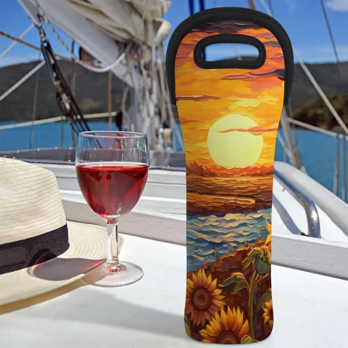 Sunset Sunflower Wine Carrier Tote Bag Insulated Neoprene Wine Bag Tote Single Bottle Protective Travel Bag Beer Wine Cooler Bag with Secure Carry Handle 750 ml Wine Gifts for Women Men