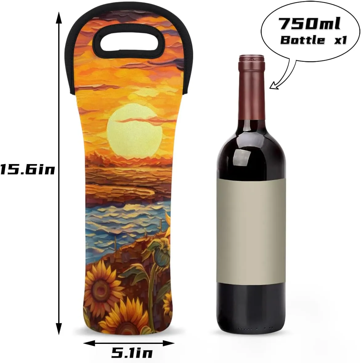 Sunset Sunflower Wine Carrier Tote Bag Insulated Neoprene Wine Bag Tote Single Bottle Protective Travel Bag Beer Wine Cooler Bag with Secure Carry Handle 750 ml Wine Gifts for Women Men