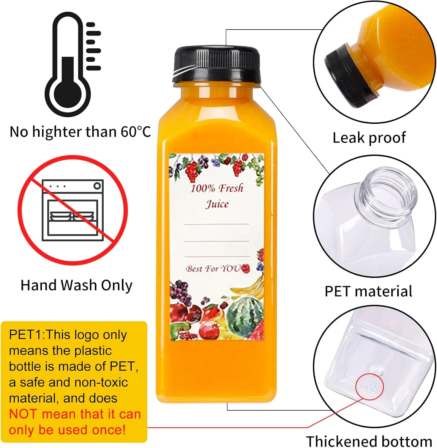 SUPERLELE 20pcs 16oz Juice Bottles, Plastic Juicing Bottles with Caps, Clear Drink Containers with Lids for Drinking, Smoothie and Other Beverages