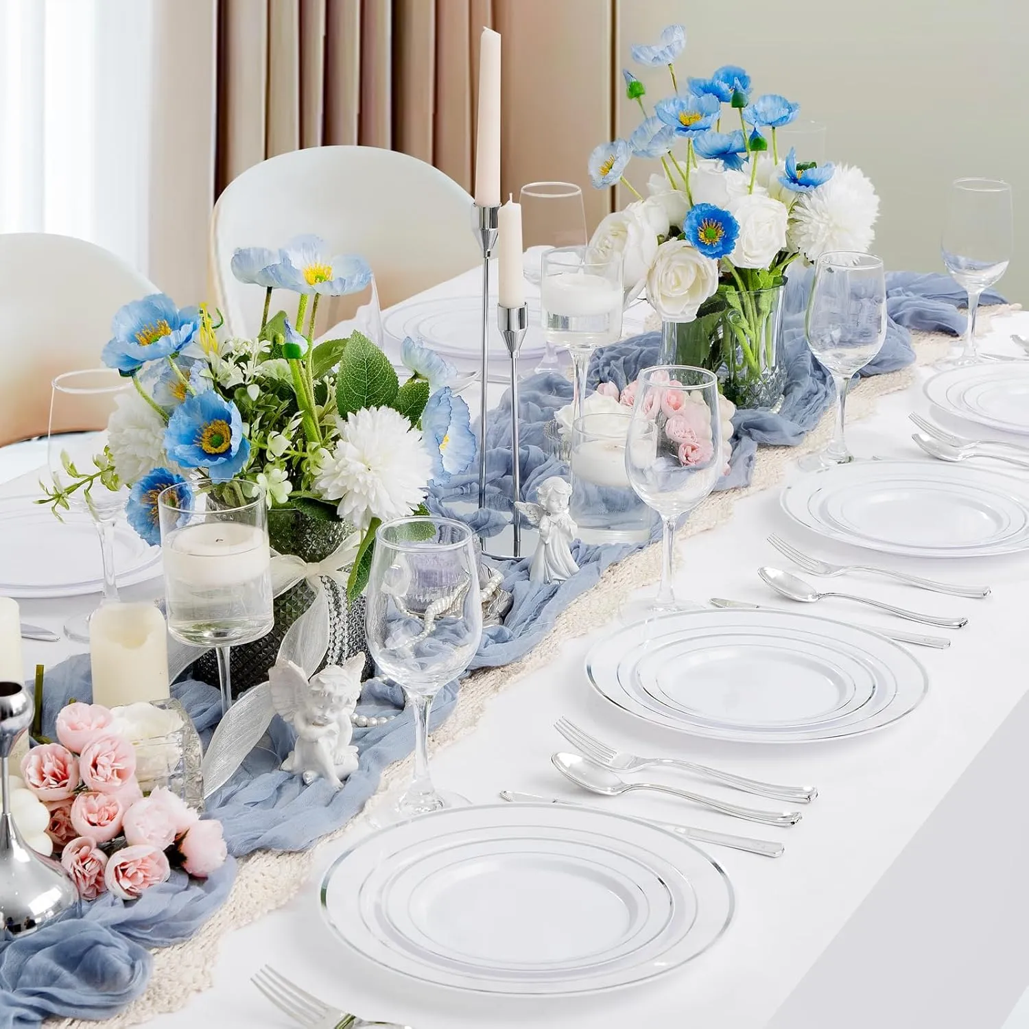 supernal 102pcs White and Silver Plastic Plates Disaposable Heavy Duty, Fancy Silver Plastic Dinnerware Set included 51 Dinner & Dessert Plates for Party,Birthday Graduation Decorations 2025 Deals