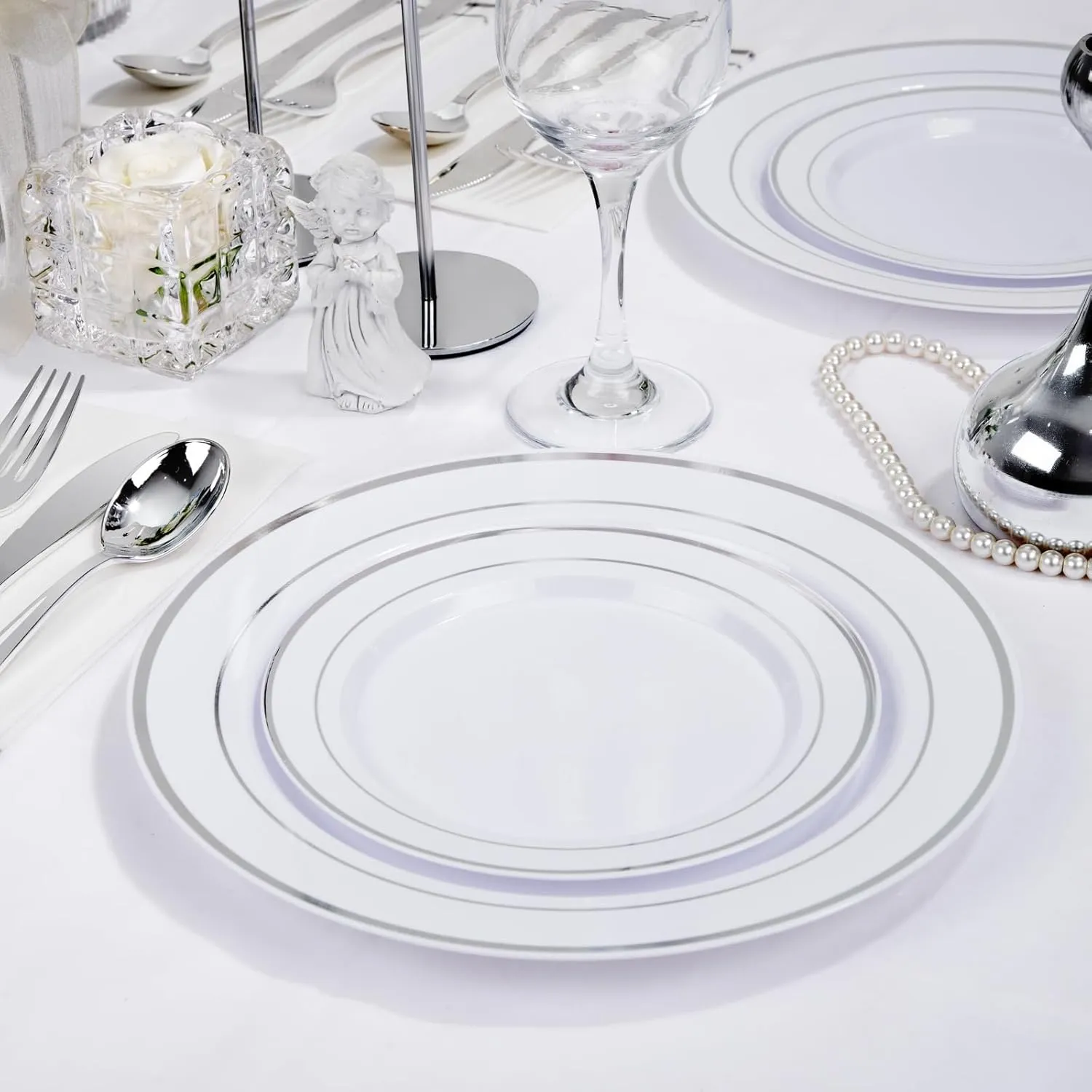 supernal 102pcs White and Silver Plastic Plates Disaposable Heavy Duty, Fancy Silver Plastic Dinnerware Set included 51 Dinner & Dessert Plates for Party,Birthday Graduation Decorations 2025 Deals