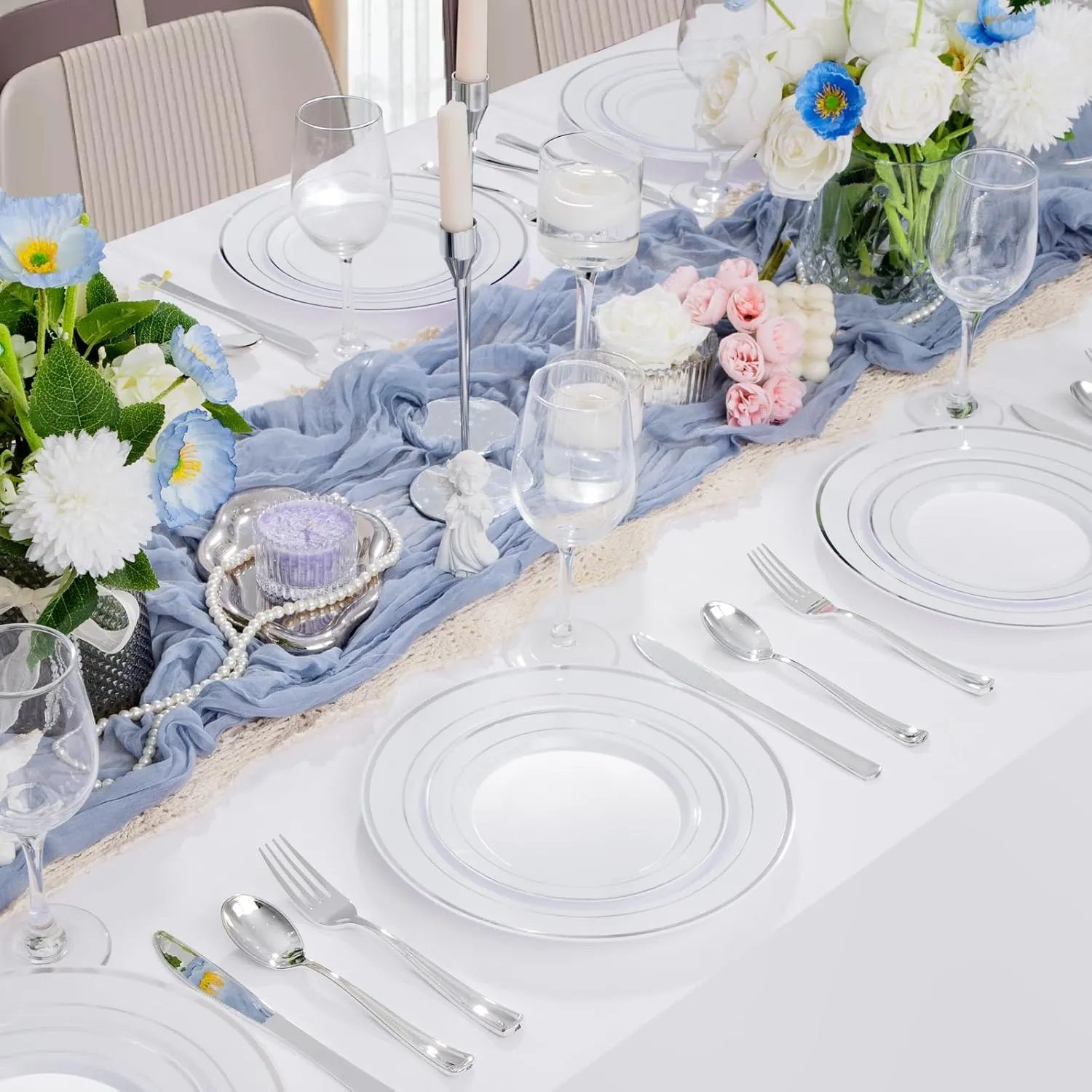 supernal 102pcs White and Silver Plastic Plates Disaposable Heavy Duty, Fancy Silver Plastic Dinnerware Set included 51 Dinner & Dessert Plates for Party,Birthday Graduation Decorations 2025 Deals