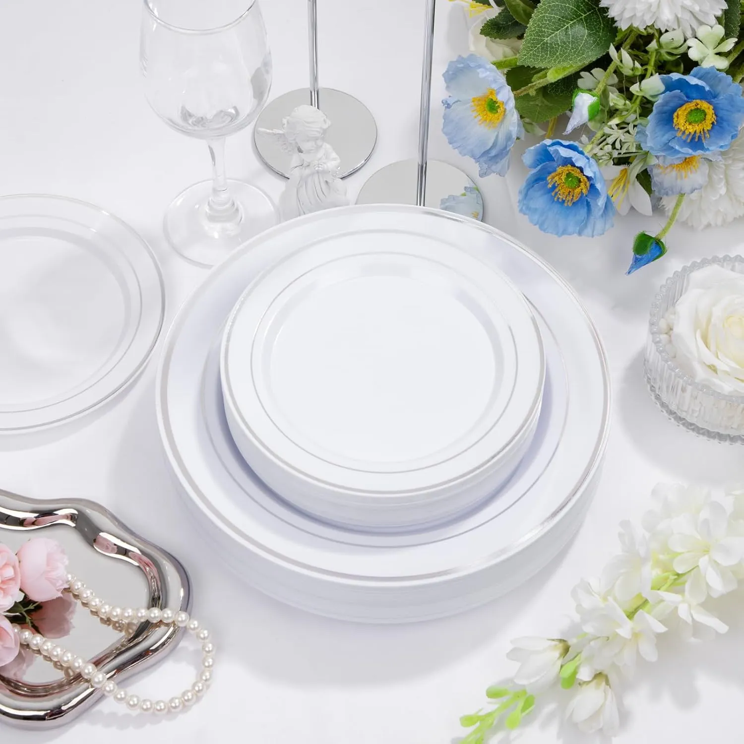 supernal 102pcs White and Silver Plastic Plates Disaposable Heavy Duty, Fancy Silver Plastic Dinnerware Set included 51 Dinner & Dessert Plates for Party,Birthday Graduation Decorations 2025 Deals