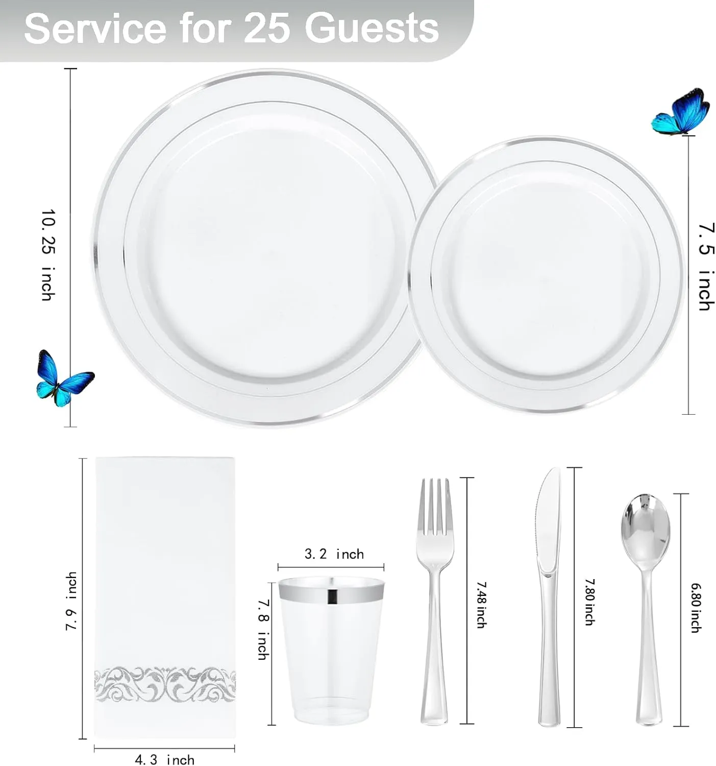 Supernal 200pcs Silver Plastic Dinnerware Sets for 25 Guests included Silver Silverware Set & Plastic Plates Disposable Cups and Napkins Disposable for Party,Graduation Decorations 2025 Deals
