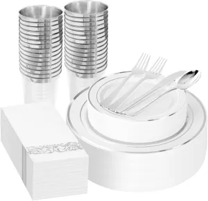 Supernal 200pcs Silver Plastic Dinnerware Sets for 25 Guests included Silver Silverware Set & Plastic Plates Disposable Cups and Napkins Disposable for Party,Graduation Decorations 2025 Deals