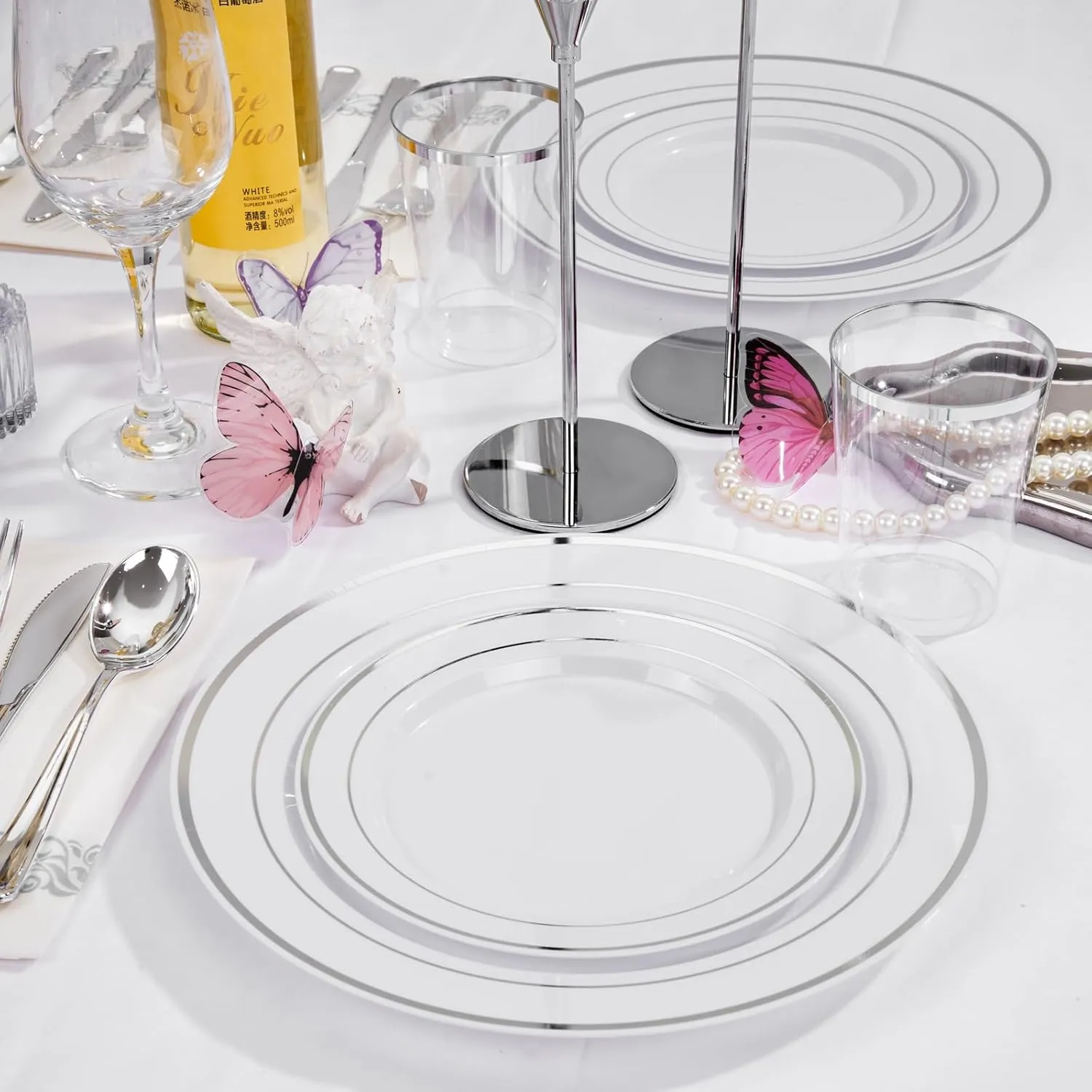 Supernal 200pcs Silver Plastic Dinnerware Sets for 25 Guests included Silver Silverware Set & Plastic Plates Disposable Cups and Napkins Disposable for Party,Graduation Decorations 2025 Deals