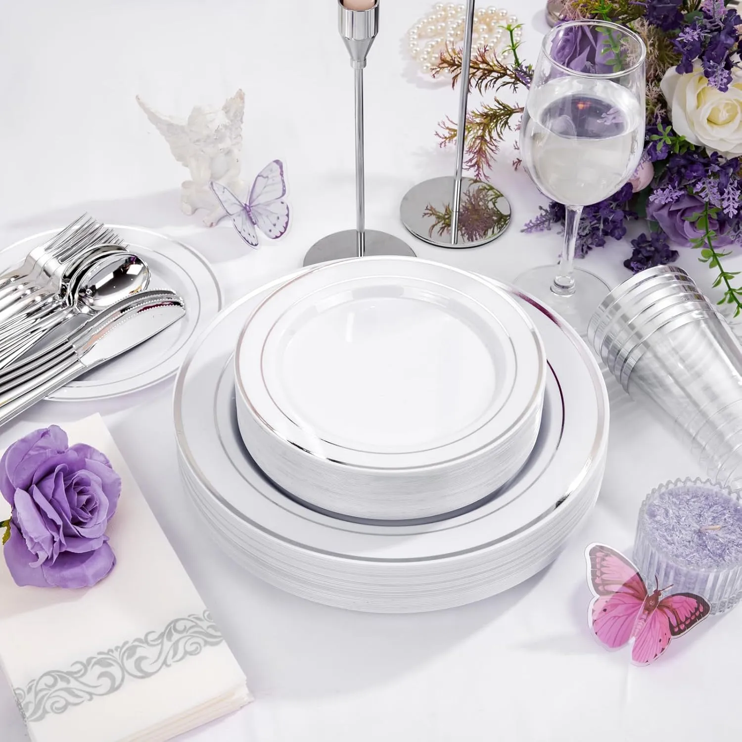 Supernal 200pcs Silver Plastic Dinnerware Sets for 25 Guests included Silver Silverware Set & Plastic Plates Disposable Cups and Napkins Disposable for Party,Graduation Decorations 2025 Deals