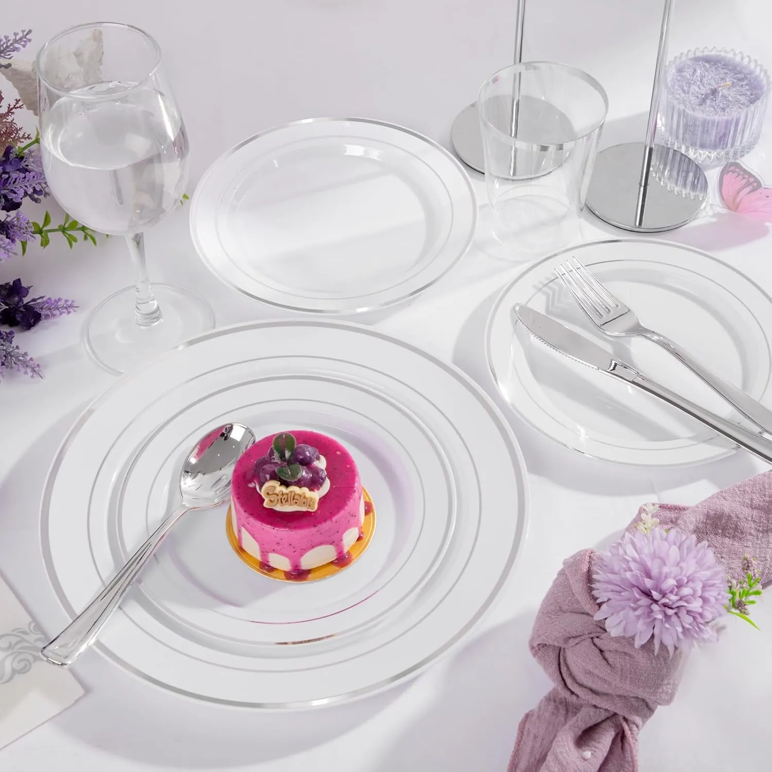 Supernal 200pcs Silver Plastic Dinnerware Sets for 25 Guests included Silver Silverware Set & Plastic Plates Disposable Cups and Napkins Disposable for Party,Graduation Decorations 2025 Deals