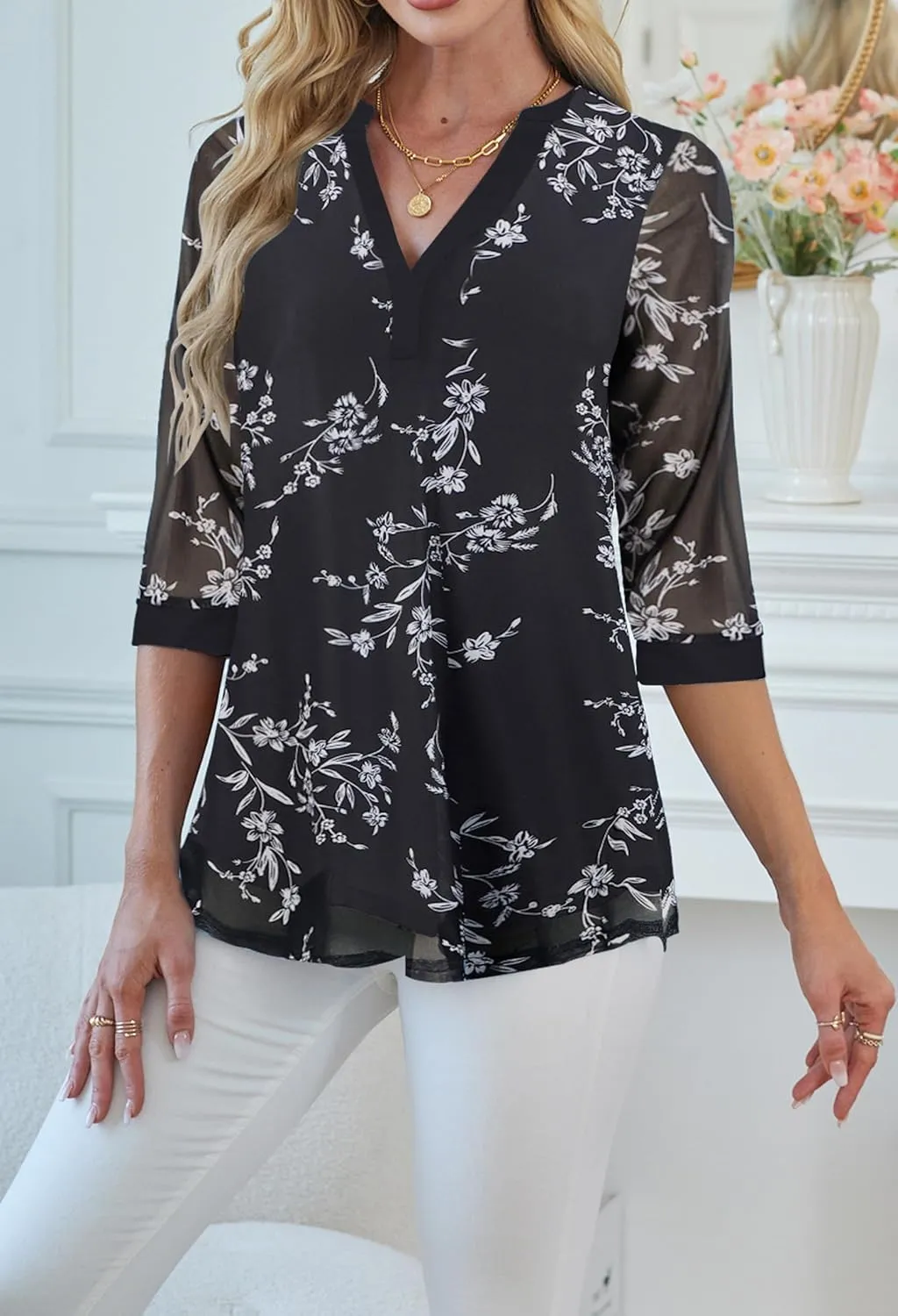 Supnier Womens Tops 3/4 Sleeve V Neck Dressy Blouses FLoral Print Layers Mesh Shirts Loose Fit Tunic Tops