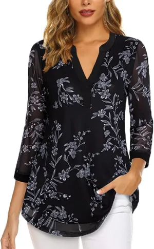 Supnier Womens Tops 3/4 Sleeve V Neck Dressy Blouses FLoral Print Layers Mesh Shirts Loose Fit Tunic Tops