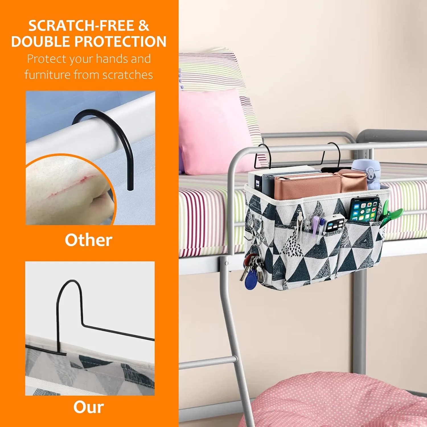 Surblue Bedside Caddy Bedside Storage Bag Hanging Organizer for Bunk, Hospital Beds, Dorm Rooms Bed Rails Camp 4 Pockets and 2 Hooks (Blue Triangle)
