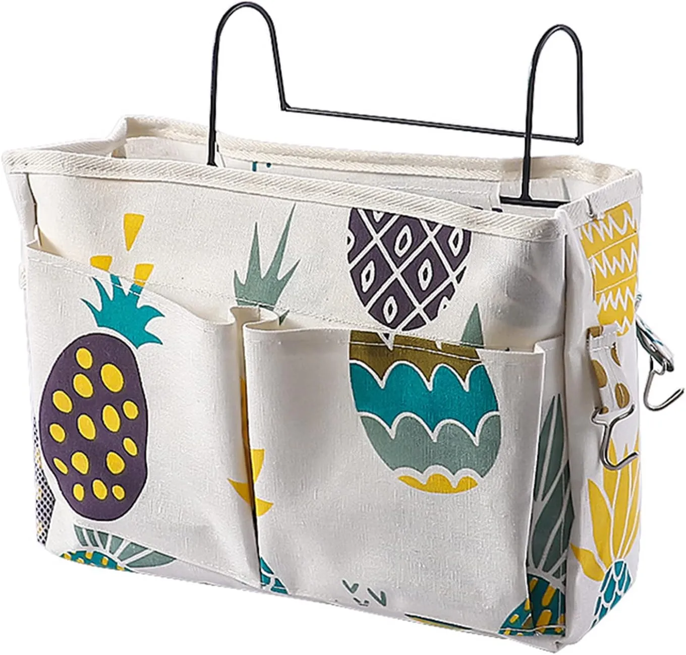 Surblue Bedside Caddy Bedside Storage Bag Hanging Organizer for Bunk, Hospital Beds, Dorm Rooms Bed Rails Camp 4 Pockets and 2 Hooks (Pineapple)