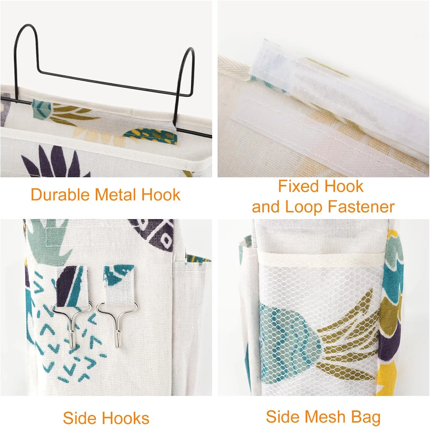 Surblue Bedside Caddy Bedside Storage Bag Hanging Organizer for Bunk, Hospital Beds, Dorm Rooms Bed Rails Camp 4 Pockets and 2 Hooks (Pineapple)
