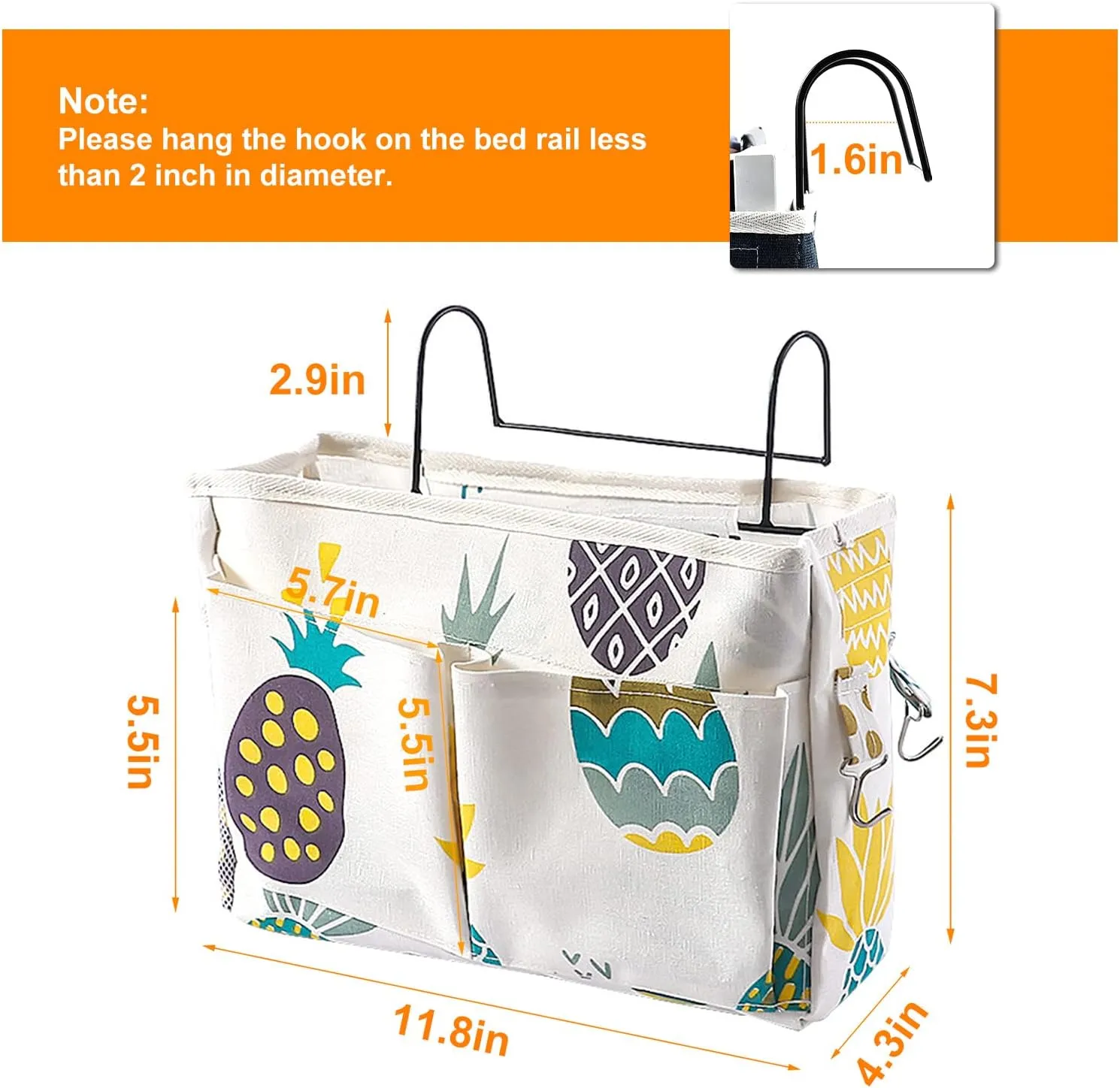 Surblue Bedside Caddy Bedside Storage Bag Hanging Organizer for Bunk, Hospital Beds, Dorm Rooms Bed Rails Camp 4 Pockets and 2 Hooks (Pineapple)